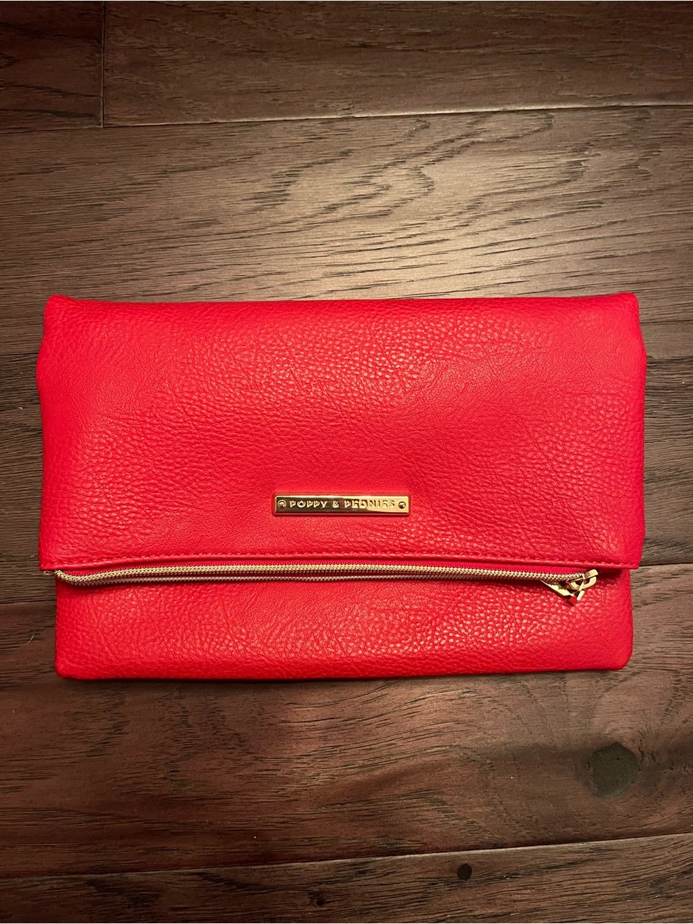 Poppy & Peonies Bright Red Fold-Over Clutch with Gold Hardware